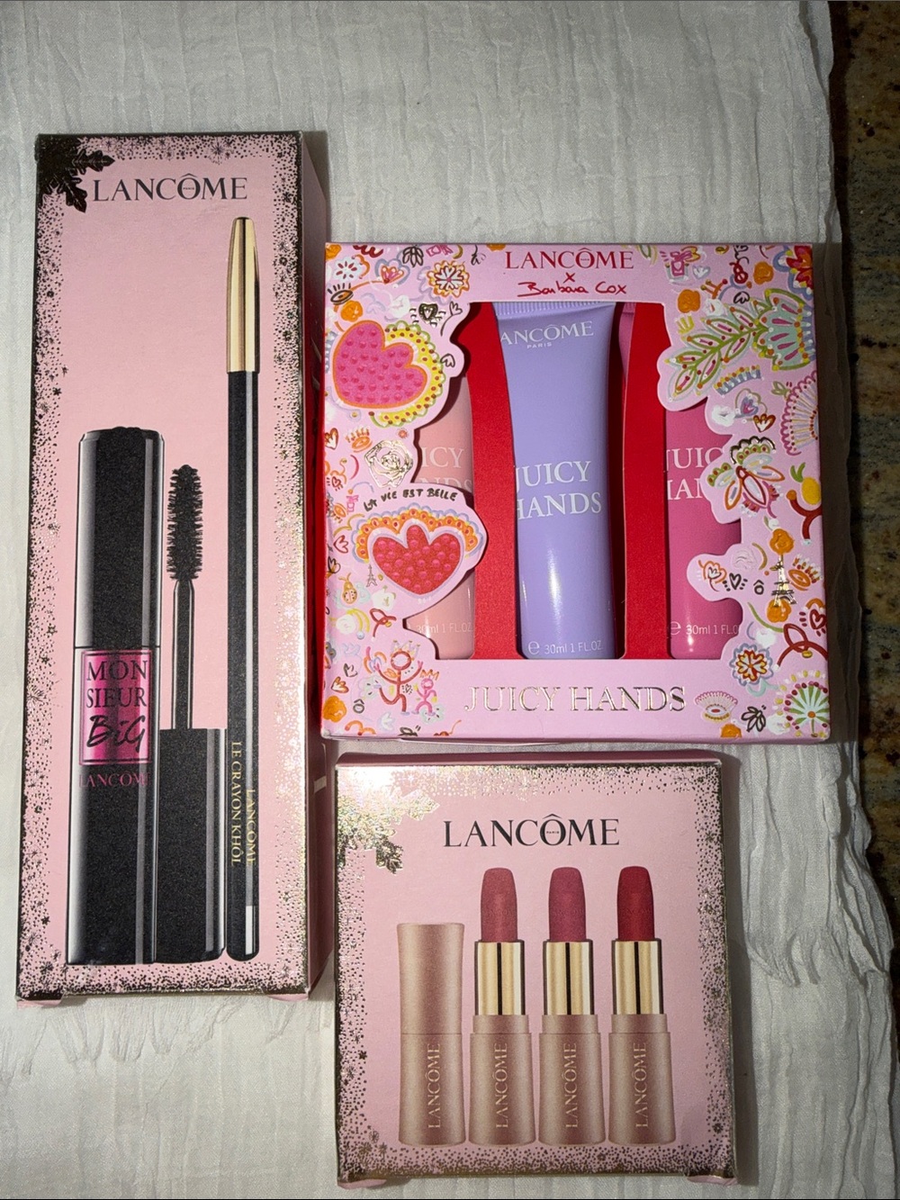 Lancôme Pink Gift Set with Mascara, Lipsticks & Hand Creams (3Boxed Sets)